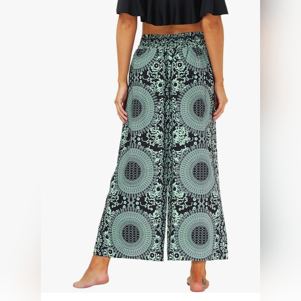 EXCELLENT USED CONDITION LU'S NAVY BLUE & TEAL CHIC WOMEN'S BOHO PANTS WIDE LEG - Picture 9 of 13